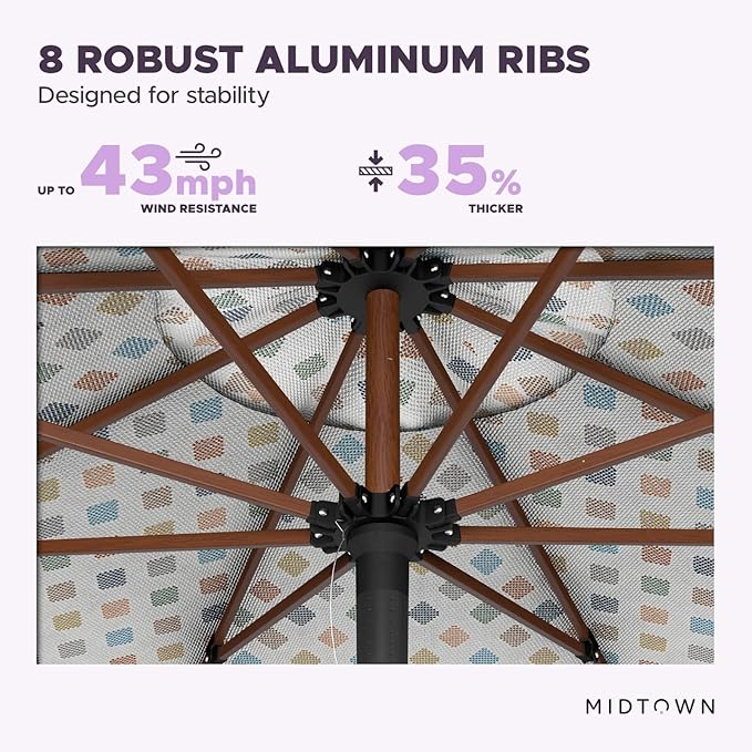 Midtown Umbrellas The Wooden 8 Feet Patio Umbrella With Sunbrella Infused Gem Acrylic Fabric - Aluminum Frame Market Umbrella For Backyard, Deck, Garden, Pool - Wooden Pole