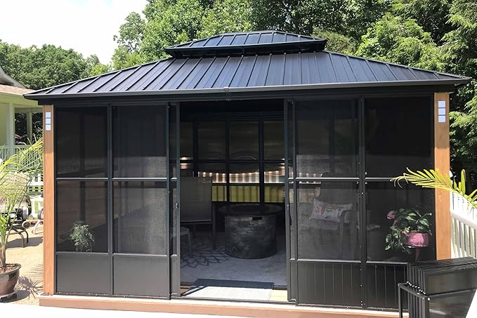 PURPLE LEAF 12' X 14' Patio Hardtop Gazebo Double Top Outdoor Screen House Aluminum Solarium Backyard Sun Room with Detachable Windows