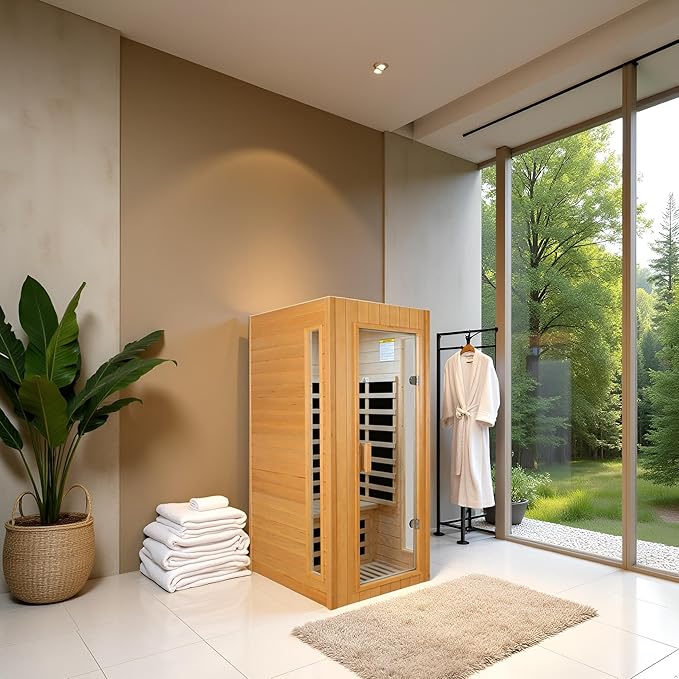 1-Person Infrared Sauna,1300W Indoor Sauna for Home, Side Glass Window, Canadian Hemlock Wood Personal Sauna with 5 Heating Panels, LED Reading Lamp, Blue-Tooth