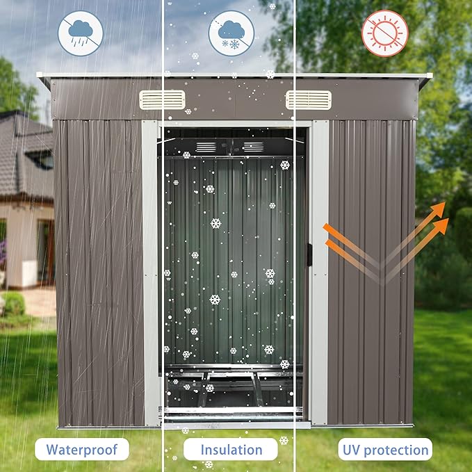 6X4 FT Outdoor Storage Shed, Waterproof Metal Garden Sheds with Lockable Door, Steel Tool Storage Buildings Shed & Outdoor Storage House for Garden, Backyard, Patio, Lawn, Trash Cans(Brown)