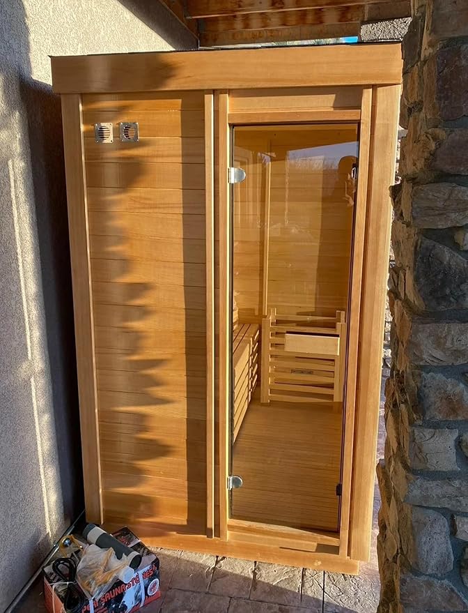 Outdoor Corner Steam Sauna, Canadian Hemlock Saunas 3-4 Person, 6KW ETL Toule Heater, 220V,Broad Bench, Glass Wall Sauna, Waterproof System, Asphalt Shingles,Left Door(0-195℉)