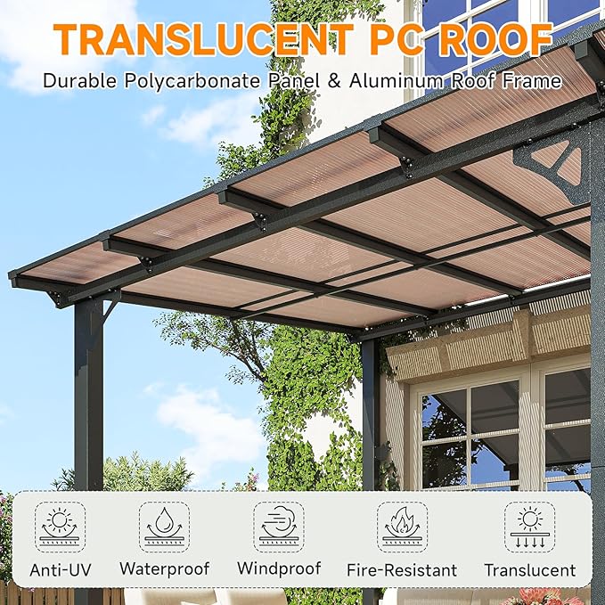 10x20FT Lean to Gazebo, Hardtop Metal Pergola with Polycarbonate Roof, Large Wall Mounted Heavy Duty Awnings, Patio Canopy for Backyard, Deck, Porch （Black）
