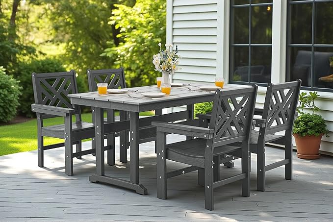 5 Piece HDPE Outdoor Dining Set for 4 Patio Dining Furniture Set with Umberlla Hole, Weather Resistent Outdoor Table and Chairs for Garden, Poolside, Backyard, Deck, Grey