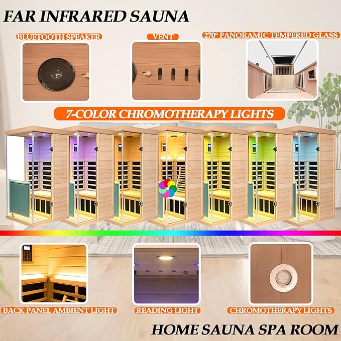 Canada Hemlock Low EMF FAR Infrared Sauna Room, 1 Person Indoor Sauna 1100W/120V with 6 Carbon Panel Heater & LCD Control Panel & Bluetooth Audio & 7-Color Chromotherapy Lights & 270° Panoramic Vision