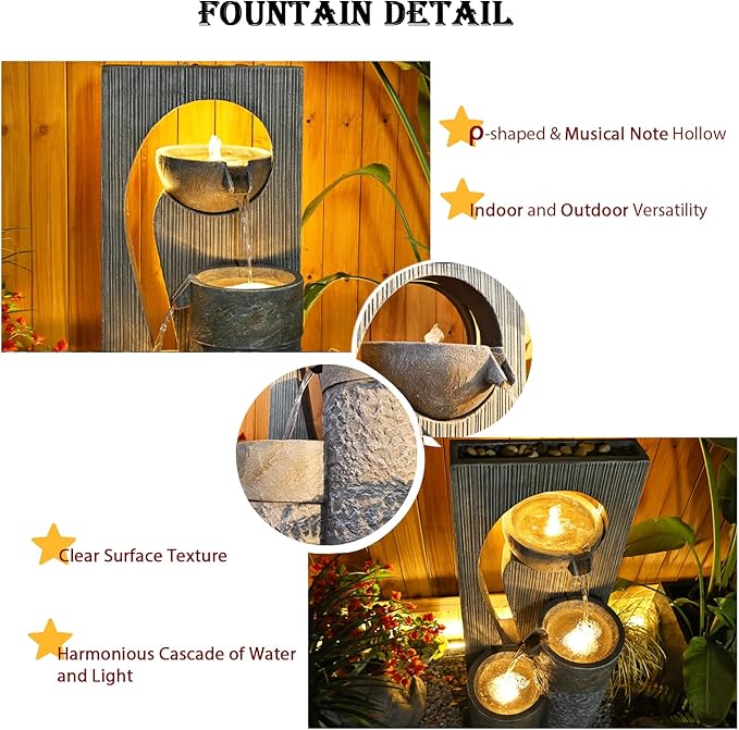 Water Fountain Zen Feature Outdoor Indoor - Waterfall Garden Freestanding Fountains ρ-Shaped Hollow Artistry Design with LED Lights for Home Decor Patio Yard Pool, 41 inches