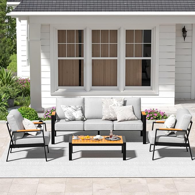 Aluminum Outdoor Coffee Table - Black Rectangle Patio Tables with Teak Top for Deck, and Poolside