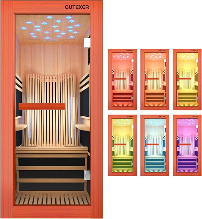 Infrared Sauna 1495W Wooden Saunas Spa Room Pacific Clear Cedar Wood Single Person Indoor Saunas with Special Shaped Comfortable Backrest 32.68 * 47.24 * 69.29 Inch