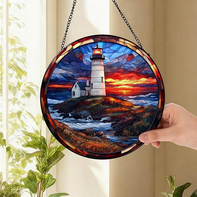 Coastal Lighthouse in Autumn Suncatcher -7.9 in Stained Glass Window Hanging Sun Catcher Garden Decor