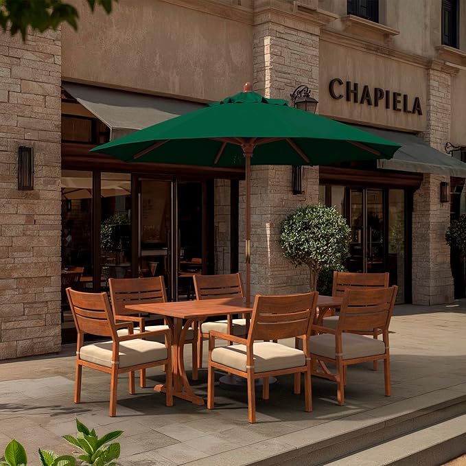 California Umbrella 9' Premium Commercial Hardwood Patio Umbrella, Manual Lift With Sunbrella Forest Green Fabric