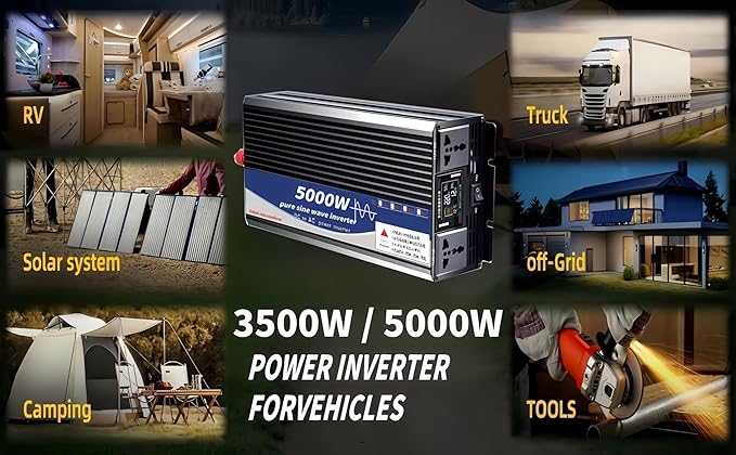 5000W Power Inverter 72V DC to 110V AC Converter with LED Display Dual AC Outlets Dual Fans Radiating for RV, Camp, Boat and Home Emergency Portable Pure Sine Wave Inverter (Smart Screen, 5000W 72V)