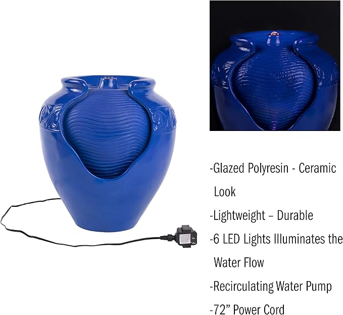 Pure Garden Jar Water Fountain – Indoor or Outdoor Ceramic-Look Glazed Pot Resin Water Feature with Electric Pump and LED Lights (Cobalt Blue)