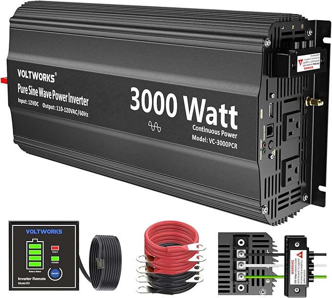 3000Watt Pure Sine Wave Inverter 12V DC to 110V 120V AC with UL Fuses 3000W Power Inverter for Home RV Truck Off-Grid Solar with AC Hardwire 30A Compatible with Lithium Battery VOLTWORKS