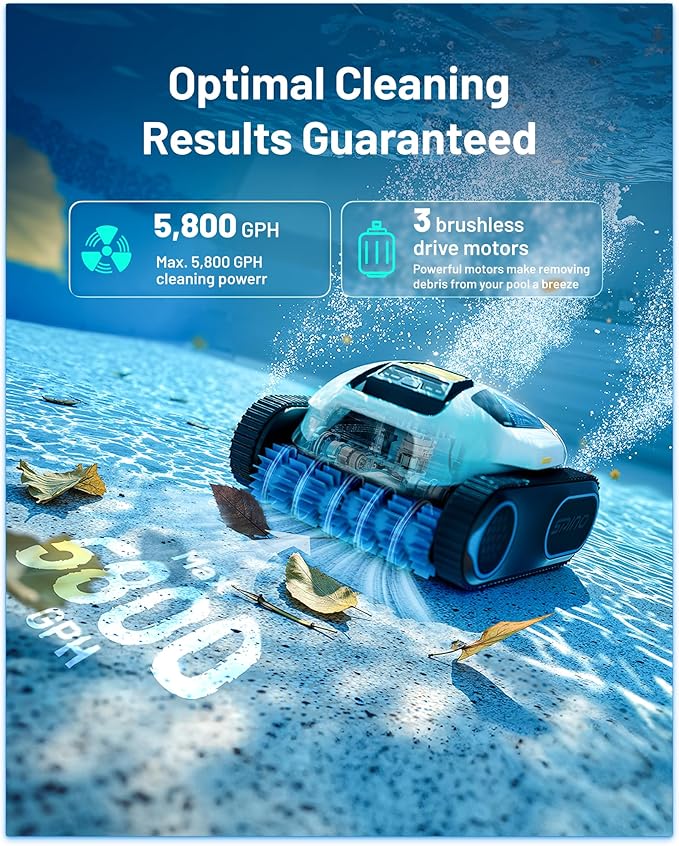 Spino E1 Cordless Robotic Pool Cleaner, 5800 GPH Suction with Triple Brushless Motors, SmartArc Path, 5 Modes, IPX8 Waterproof, 1600 sq.ft Coverage, Auto Waterline Parking, APP Control