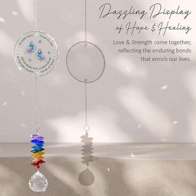 Glass Suncatcher Ornament - Memorial Gift for Loss of Loved One - My Mind Still Talks to You - Bereavement Keepsake - Crystal Rainbow Maker - Hanging Crystal Decor - Daily Remembrance