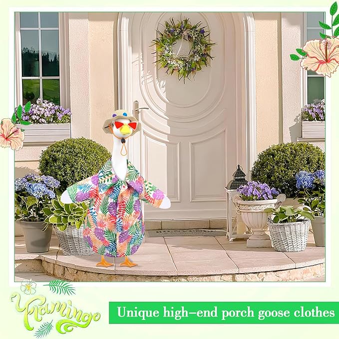 Hawaiian Porch Goose Outfits, Summer Lawn Goose Outfit with Sunglasses & Hat, Yard Goose Clothes and 3 Pcs/Set Goose Costume for 23" 17" Statue Patio Garden Decoration