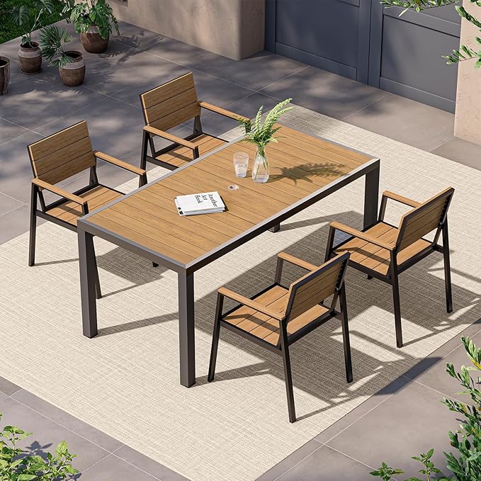 Outdoor Dining Set, Patio Table and Chairs of 4, Aluminum Outdoor Furniture Set with Umbrella Hole, HDPS Patio Dining Table Set for 4 (Gray-Teak)