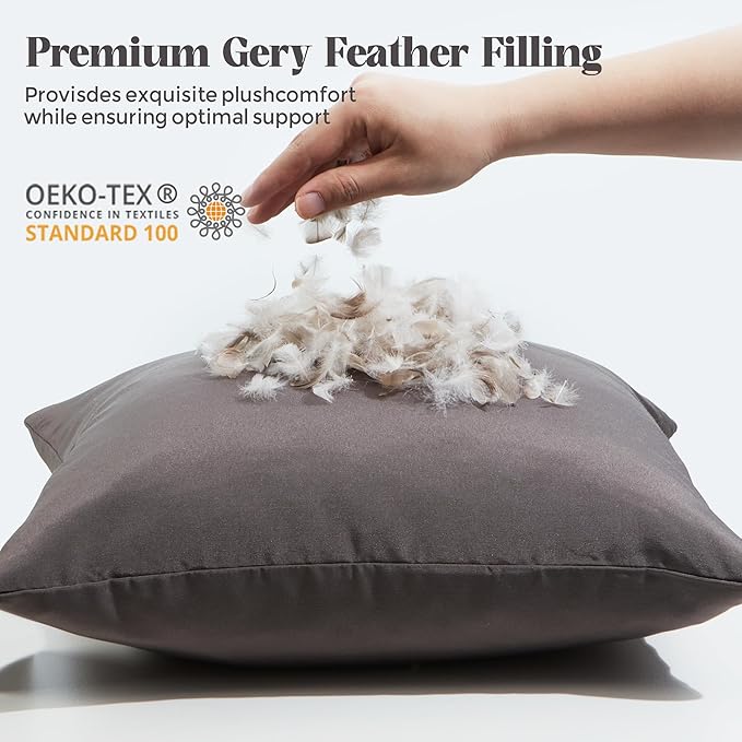 WOLKI Waterproof Outdoor Pillows 20x20 Feather and Down Filled Throw Pillow for Patio Furniture, Outside Decorative Pillow Set of 2, Grey