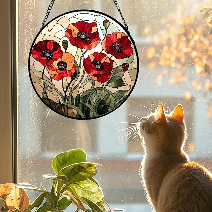 Stained Glass Window Hanging - Red Wildflowers Suncatcher for Door Garden Yard Flowers Sun Catchers Decor Christmas Mother's Day Birthday Gifts for Women Mom Nana Friend Men 6.3 in