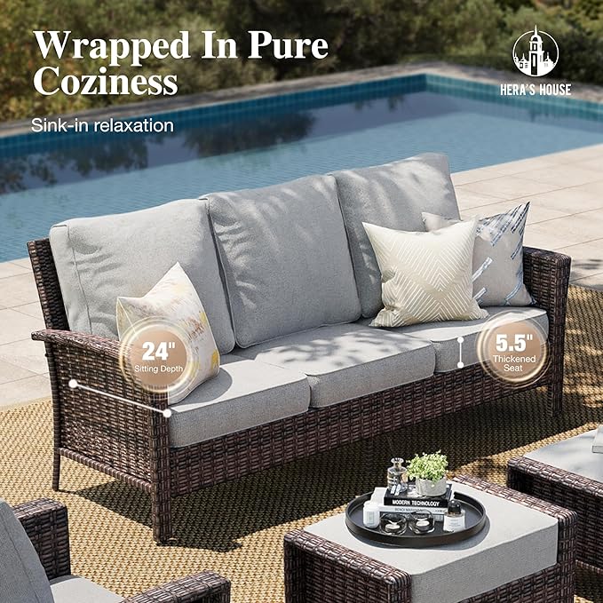 HERA'S HOUSE Gray Patio Furniture Set with Swivel Chairs, Outdoor Wicker Furniture with 35" High Back, 5.5" Thick Cushions, Deep Seating Patio Conversation Sets for Lawn Deck Backyard