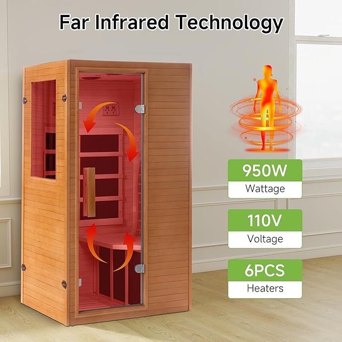 1 Person Infrared Sauna, Home Sauna Hemlock Wooden Indoor Dry Saunas Room, Low EMF 950W/110V Heaters Panels, Bluetooth Speakers, Reading Lamp