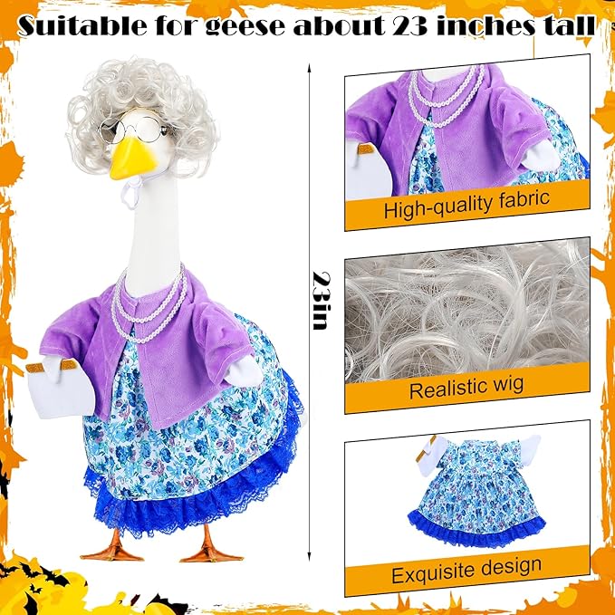 Abbylike Halloween Porch Goose Outfits Old Lady Goose Clothes with Sunglasses Pearl Necklace and Silver Wig for 23" Geese Halloween Outdoor Patio Yard Lawn Decoration