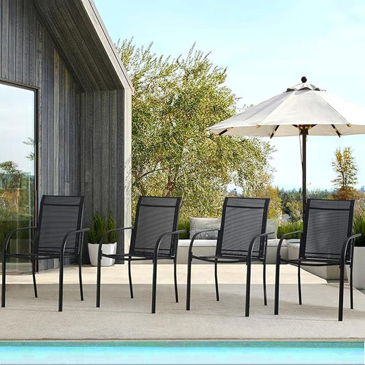 Patio Chairs Set of 4, Outdoor Dining Chairs with Breathable Textilene Fabric, Stackable Patio Chairs for Lawn, Garden, Backyard, Poolside, Black