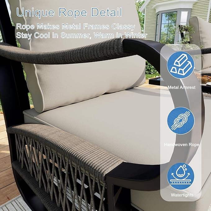 3 Pieces Outdoor Patio Conversation Sets with All Weather Cushions, Metal 2 Three-Seater Sofas, 1 Fire Pit Table for Backyard Deck Porch Poolside, Beige