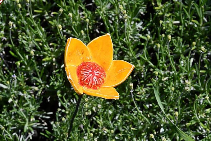 Ceramic Garden Decor - Flower Lawn Stake - Outdoor Statue - Perfect, Unique Gifts for Gardeners Woman, Men, Yard Gifts - Handmade, Frostproof