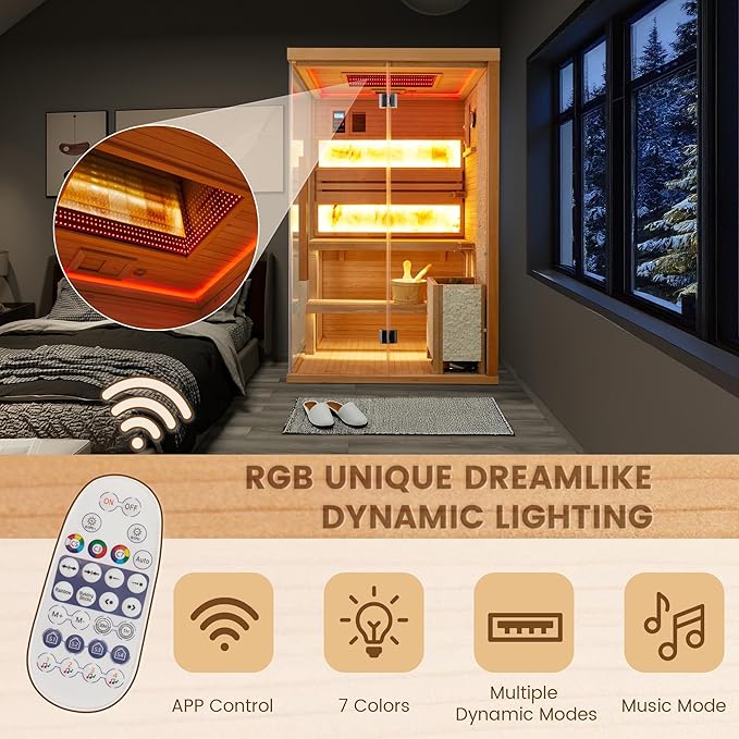 Traditional Steam Saunas for 2-4 Person,Luxurious Indoor Sauna with 2300W Stove Heater,Wood Saunas Room with 2 Himalayan Salt Bricks,7-Color Dynamic Abysm Sky Lights,Bluetooth Speaker