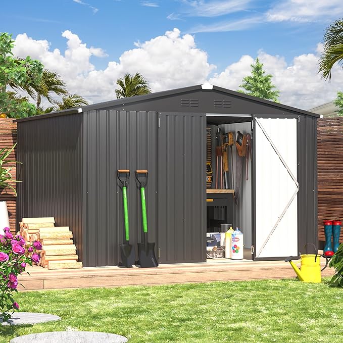 AECOJOY Shed 8' x 10' Outdoor Storage Metal Shed, Dark Grey Steel Yard Shed with Design of Lockable Doors, Utility and Tool Storage for Garden, Backyard, Patio, Outside use
