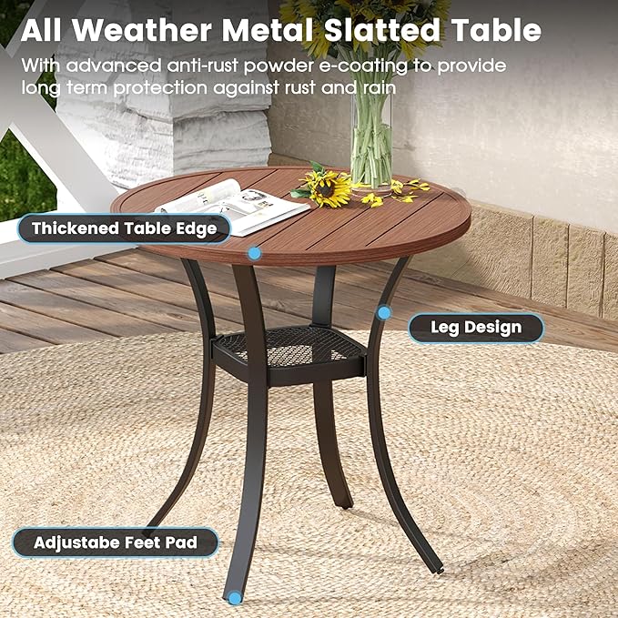 DIFY 3 Pieces Outdoor Patio Bistro Dining Set, 2 Brown Textilene Swivel Dining Chairs and 27.6" Walnut Small Round Dining Table, Outdoor Table and Chairs