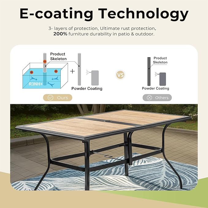 7 Pieces Patio Table and Chairs Set, Outdoor Dining Furniture Set for 6, 6 Brown Textilene Chairs and 61" Wood-Like Table Top with Umbrella Hole, for Deck Backyard Lawn