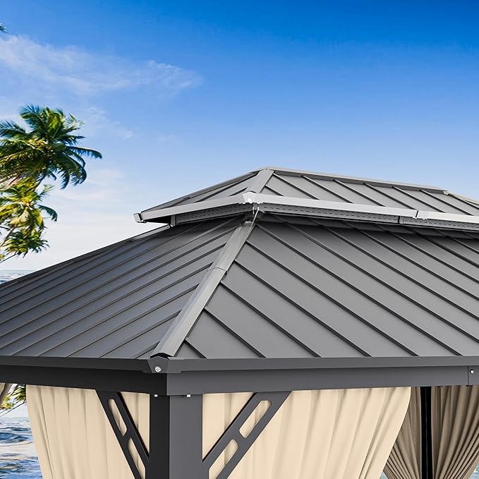12’x14’ Hardtop Gazebo Outdoor Aluminum Frame Permanent Gazebo Galvanized Steel Double Roof Pergola with Nettings and Curtains for Patio, Lawns,Backyard, Deck(Brown)