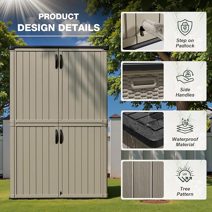 Greesum Outdoor Storage Shed Without Divider, 45 cu.ft Outdoor Waterproof Storage Cabinet for Garden Tools, Pool Storage, Garbage Cans, Beige