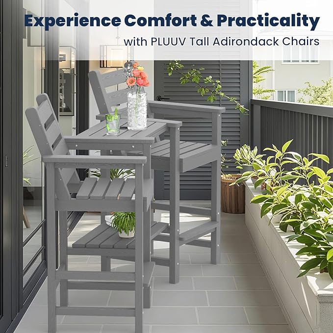 Tall Adirondack Chairs Set of 2, All Weather HDPE Poly Bar Height Balcony Adirondack Chair with Removable Double Connecting Trays, Outdoor Adirondack Barstools for Deck, Patio, Yard, Pool, Lawn