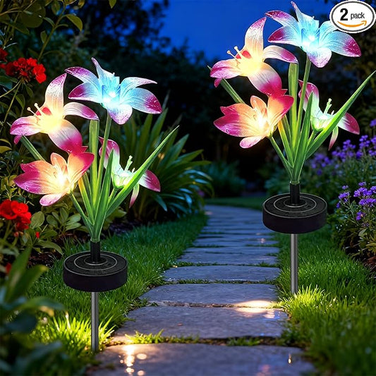 Solar Flowers Lights - Upgraded Outdoor Lily Flowers Lights, 7-Color Changing & Waterproof Outdoor Solar Lights for Garden, Patio, Backyard,Party and Office (Lily, 2)