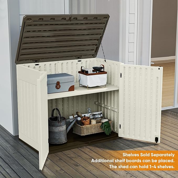 4.4 x 3.8 FT Outdoor Storage Shed, 47 Cuft Outside Waterproof Storage Cabinet, HDPE Resin Plastic 290 Gallon Outdoor Storage Container, Horizontal Lockable Storage Shed, Vanilla