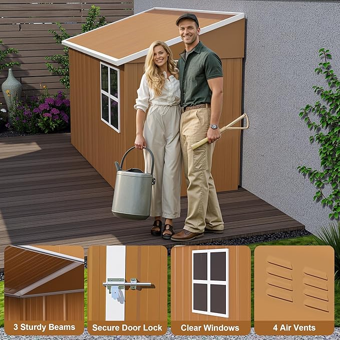 8x4 FT Outdoor Storage Shed, Metal Shed with Floor, Lockable Door, Sloping Roof, All-Weather Lean to Resin Shed for Garden, Backyard, Patio, Lawn (Khaki)