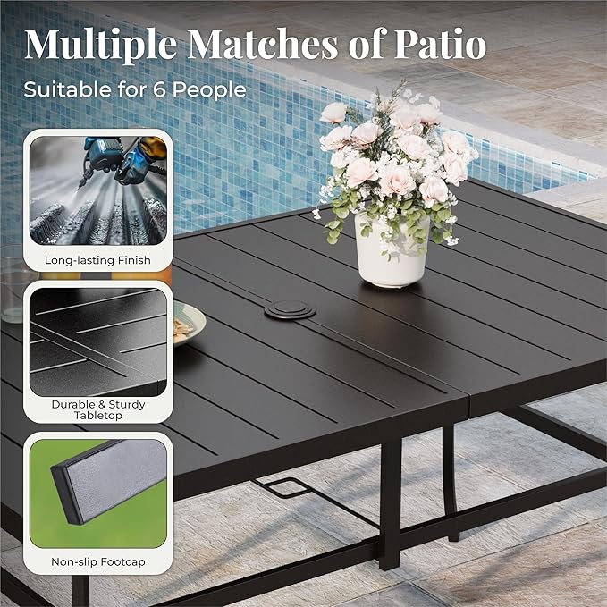 Patio Dining Set 7 Piece Outdoor Furniture Set with Metal Patio Dining Table with Umbrella Hole for Deck Garden Backyard Lawn, Red
