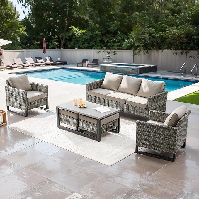 Rilyson Wicker Outdoor Patio Furniture Set - 6 Piece Patio Conversation Set with 2 Armrest Chairs,2 Rattan Ottoman,1 Couch and 1 Metal Side Table for Outside Porch Deck Backyard(Mixed Grey/Grey)