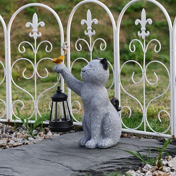 Solar Cat Garden Statue Outdoor Decor, Cat Sculpture with Lantern and Butterfly for Yard Lawn Patio Balcony, Christmas, Birthday Housewarming Gifts for Mom, Grandma, Women, 9.4 inch, Resin