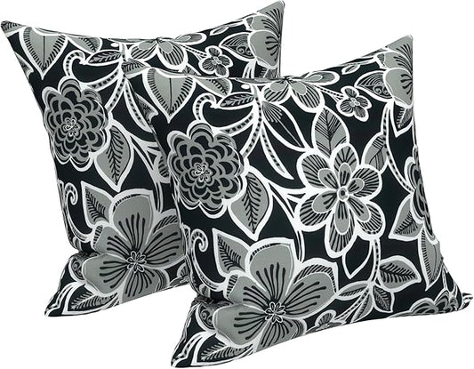 LVTXIII Outdoor Throw Pillows, Decorative Throw Pillows with Inserts, 20"x20" Square Pillows for Bed, Couch, Sofa and Patio Furniture, Set of 2, Flower Black