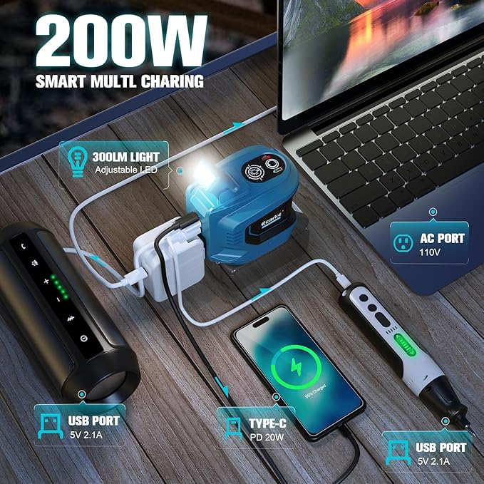 200W Power Inverter for Makita 18V Battery, DC 18V to AC 110-120V Battery Inverter, Portable Power Station Generator, Charger Adapter Powered Outlet with 2 USB Ports & 1 Type-C & 1 AC Outlet