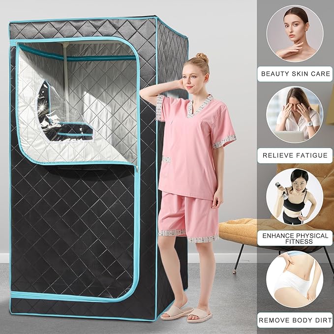 Portable Infrared Sauna for 1 Person, Full Size Home Sauna Box with Premium Dry Heating, Remote Temperature Control, Heated Foot Pad & Reinforced Folding Chair