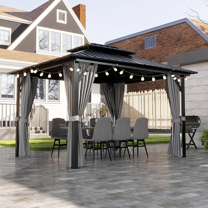 Aoxun 10'x12' Hardtop Gazebo Featuring Aluminum Frame & Double Galvanized Steel Roof, Outdoor Metal Shelter with Netting, Plus LED Waterproof Hanging Lights