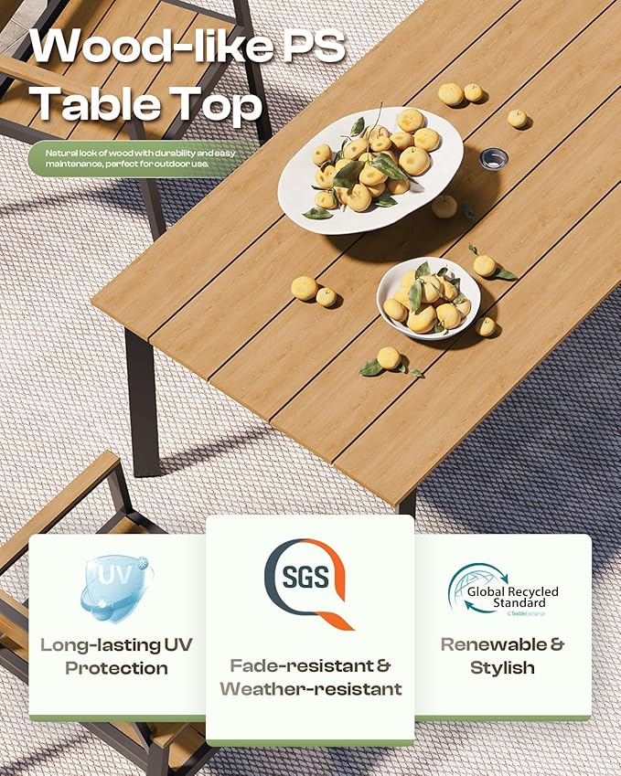 Outdoor Dining Set for 6, Patio Dining Sets with Umbrella Hole, 7 Pieces HDPS Outdoor Table and Chairs for Patio, Garden