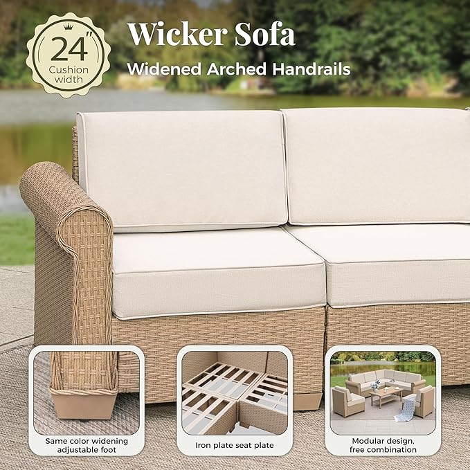 Patio Couch, 2-Piece Outdoor Rattan Wicker Sofa with 5.5" Thick Waterproof Cushions Deck Backyard