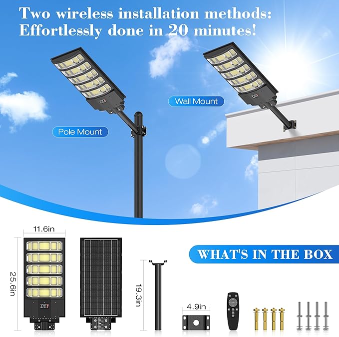 10000W Solar Street Light - 8000K Solar Lights Outdoor IP66 Waterproof,350° Wide Angle Dusk to Dawn,Commercial Solar Parking Lot Lights with Motion Sensor & Remote,LED Flood Light for Yard (2 Pack)