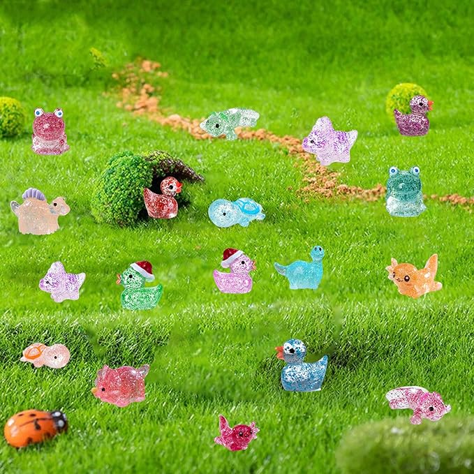 Mini Glitter Ducks 200 Pcs Tiny Duck Figures Luminous Resin Dinosaur Turtle Frog Axolotls to Hide Plastic Animal for DIY Garden Miniatures Fairy Garden Accessories (8 Styles)