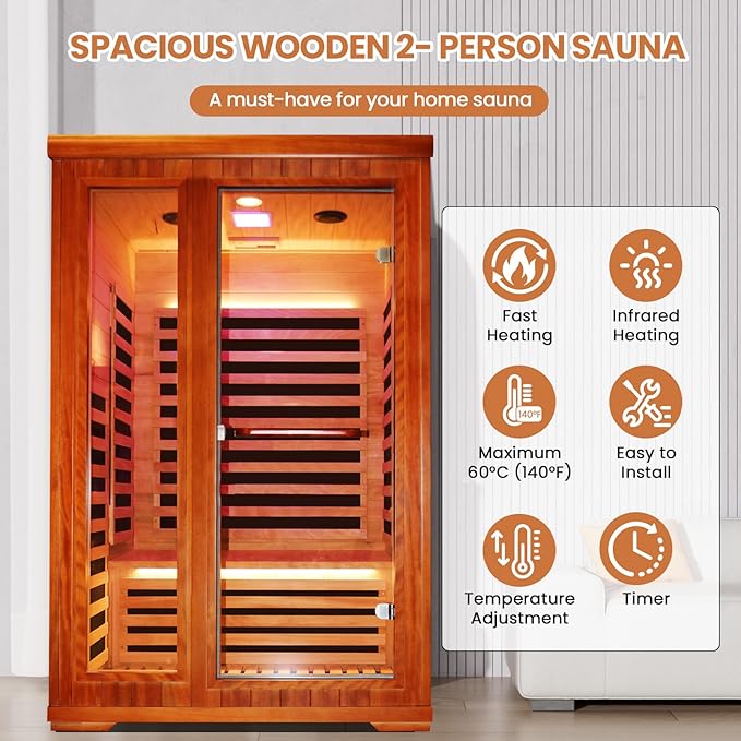 2 Person Sauna Infrared Sauna Room Far Infrared for Sauna Home Indoor 1880W/110V Low-EMF Wood Okoume Dry Sauna Two Person Sauna with Air Hole, 7 Color Therapy, Speaker (47.2 * 41.3 * 74.8 in)